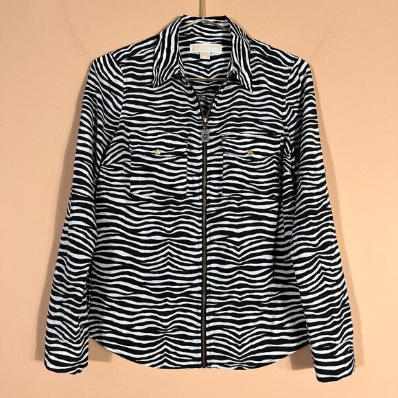 Michael Kors Full Zip Zebra Print Long Sleeve Top/Blouse Women's S - Picture 1 of 10